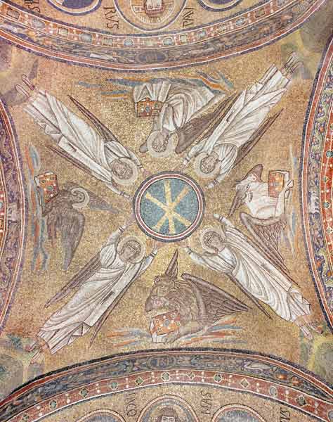 Four angels with the symbols of the evangelists surrounding the chi-rho monogram of Christ, from the from Byzantine School