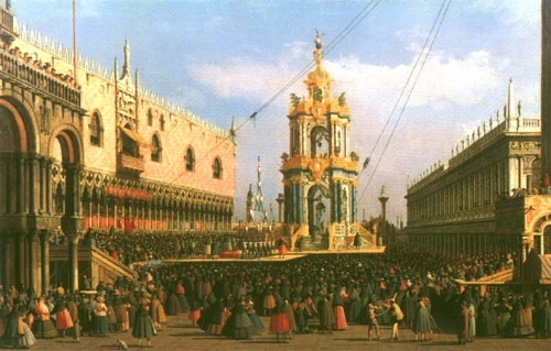 Venice The Giovedi Grasso festival in The Piazzetta from Giovanni Antonio Canal (Canaletto)