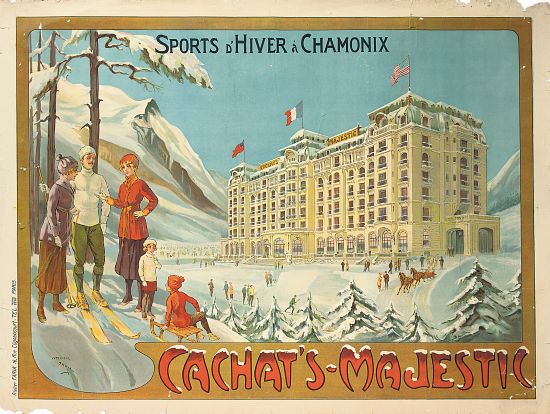 Poster advertising the hotel 'Cachat's Majestic', and winter sports at Chamonix from Candido Aragonez de Faria