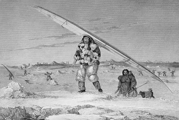An Eskimaux of Igloolik, wearing a bird-skin jacket, carrying his canoe down to the water, from Captain George Francis Lyon