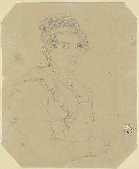 Halbfigur einer jungen Frau mit aufgestütztem linkem Arm