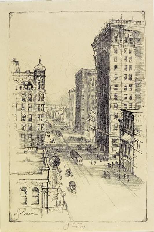 Hennepin Avenue below Sixth Street, 1917 (litho) from Carl Edward Johnson