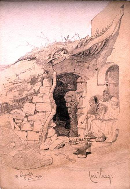 Three figures seated outside a house, Nazareth from Carl Haag