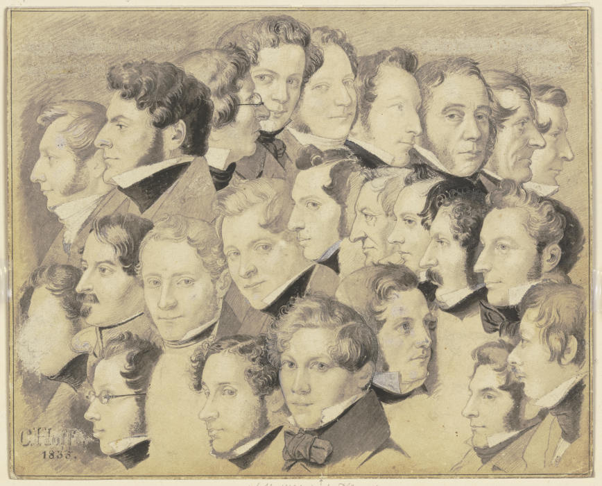 Stammgäste im Goldenen Pfau, 24 Köpfe, unten in der Mitte der Künstler selbst from Carl Hoff