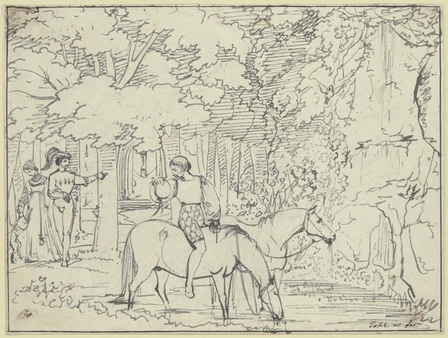An einem Waldrand tränkt ein Reitknecht zwei Pferde from Carl Philipp Fohr