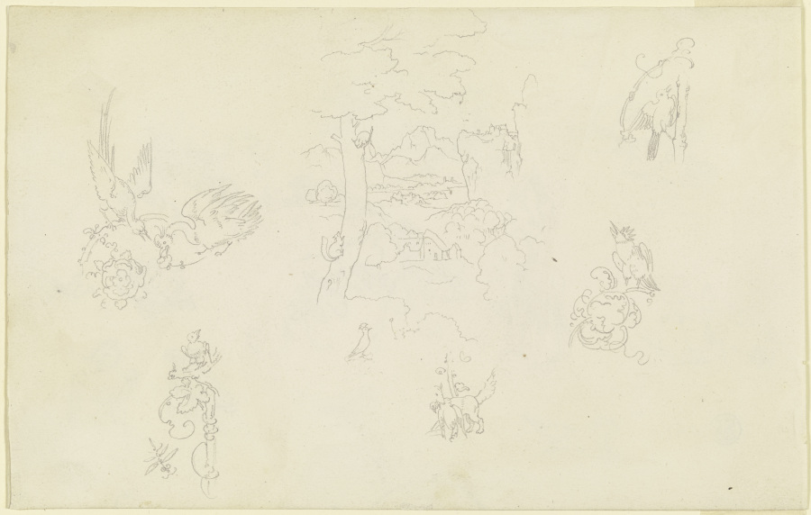 Ranken mit verschiedenen Tieren; Landschaft mit einem Baum, in dem zwei Eichhörnchen spielen from Carl Philipp Fohr