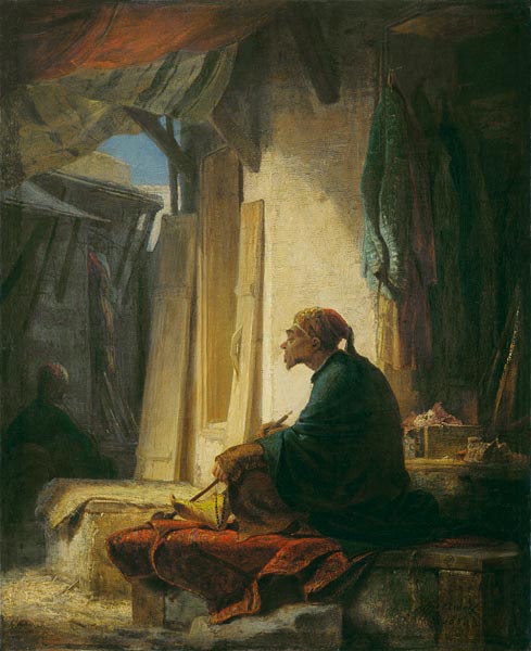 Diddle, sitting on a bench carpeted carpet in the bazaar. from Carl Spitzweg