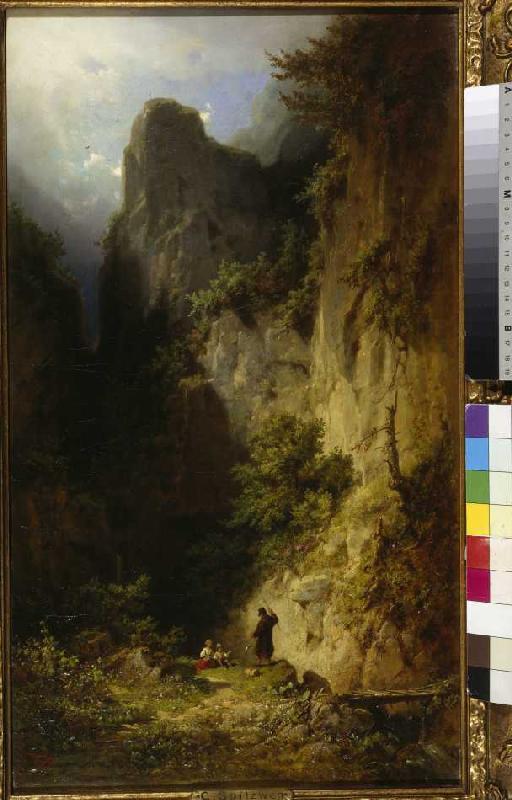 Fishing monk with children in a rock ravine. from Carl Spitzweg