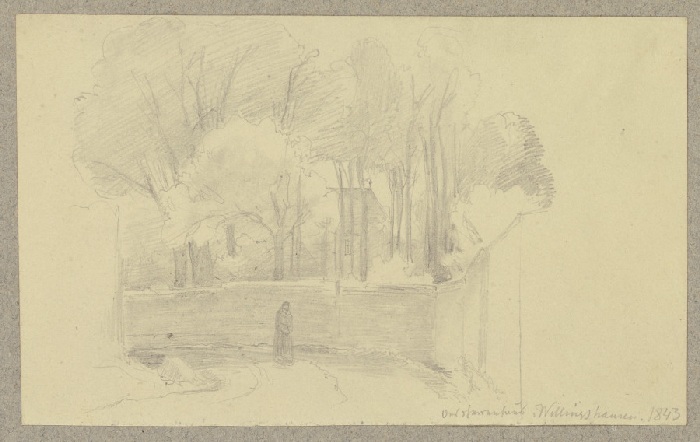 Eine Figur im Umhang auf einem entlang einer Mauer führenden Weg, im Hintergrund hinte Bäume das Sch from Carl Theodor Reiffenstein