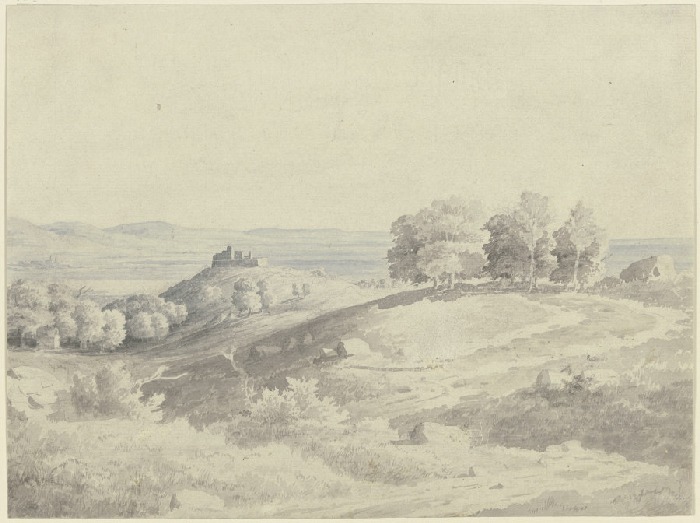 Gebirgslandschaft, im Mittelgrund eine Anhöhe mit einer Burg, rechts Baumgruppen from Carl Theodor Reiffenstein
