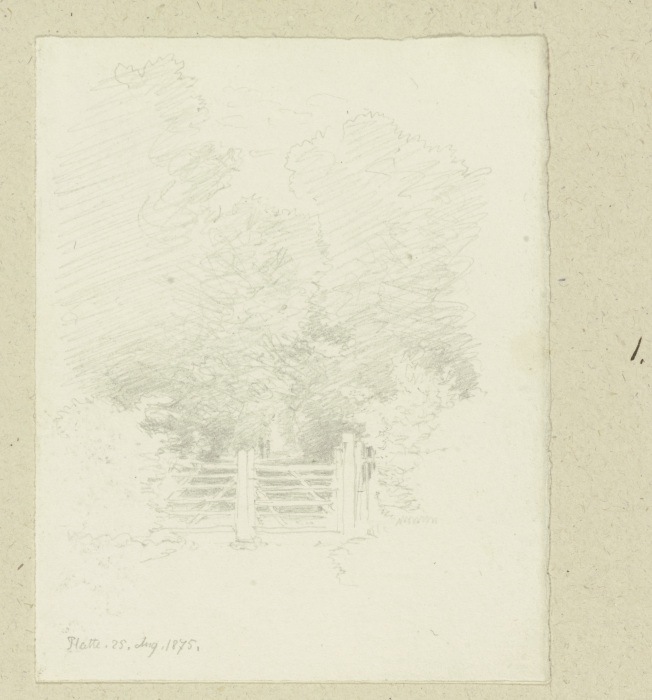 Hinter einem Gatter ein von Bäumen gesäumter Weg beim Jagdschloss Platte from Carl Theodor Reiffenstein