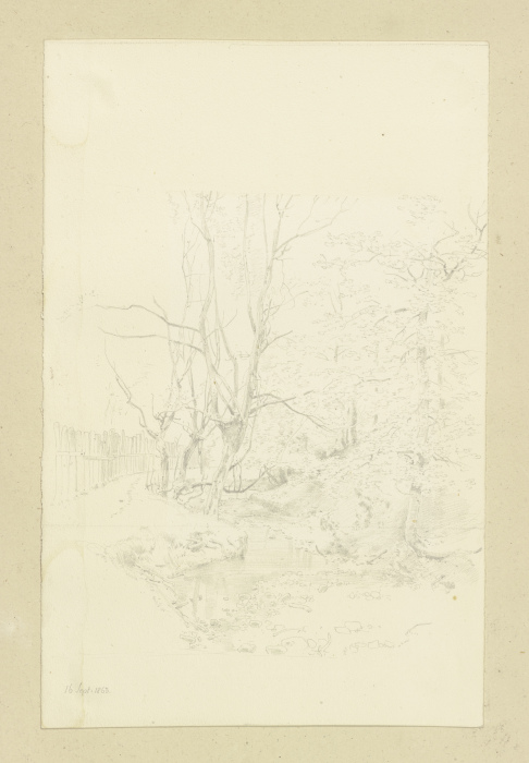 Hinter einem Zaun Bäume an einem trockengefallenen Wasserlauf from Carl Theodor Reiffenstein