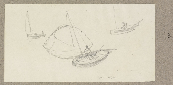 Studienblatt: Drei Boote mit einer darin sitzenden Figur, das mittlere mit Reuse from Carl Theodor Reiffenstein
