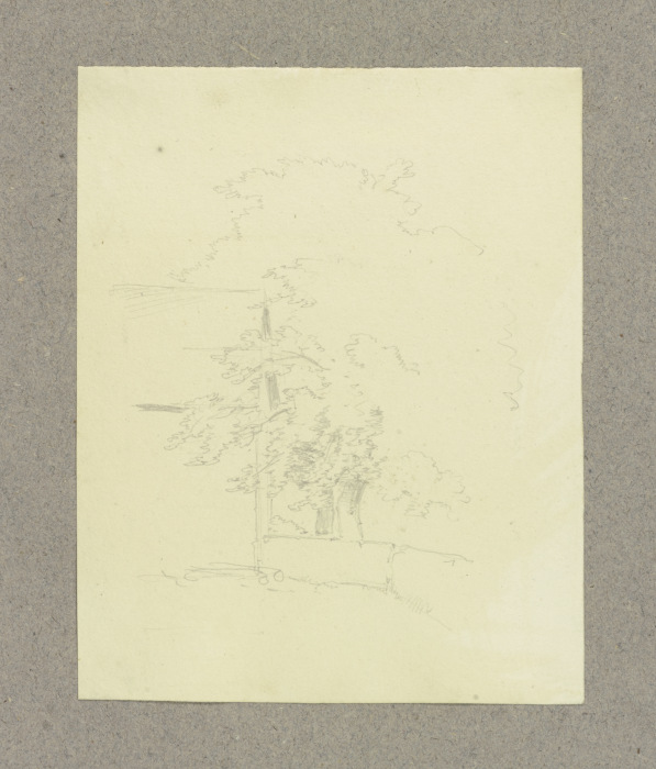 Zwei Bäume hinter einem Mäuerchen an einem Haus from Carl Theodor Reiffenstein