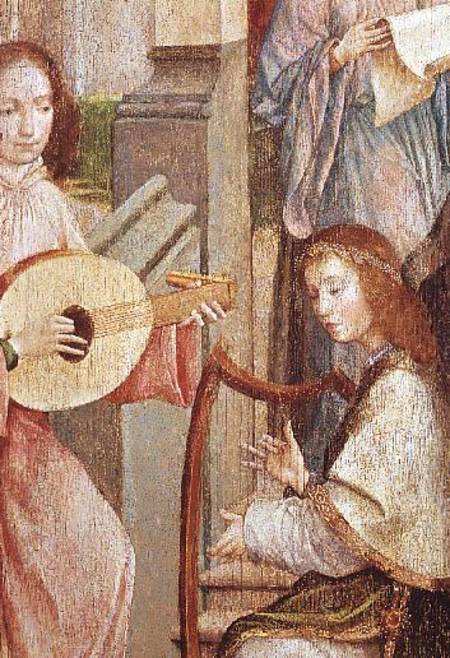 The Annunciation, detail of two Angels Playing Instruments from Carlos
