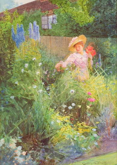 Lady picking flowers in a country garden from Carlton Alfred Smith