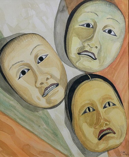 Oriental Masks (pen & ink and w/c on paper)  from Carolyn  Hubbard-Ford