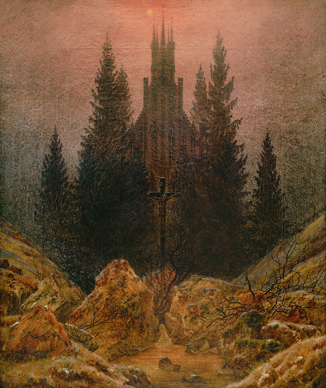 Cross and cathedral in the mountains from Caspar David Friedrich