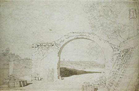 River Landscape with an Arch (unfinished) (pencil, pen and w/c on from Caspar David Friedrich