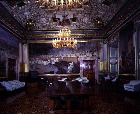 The 'Sala Maccari' (Maccari Room) richly decorated with gilt stucco and scenes of Roman history, det from Cesare Maccari