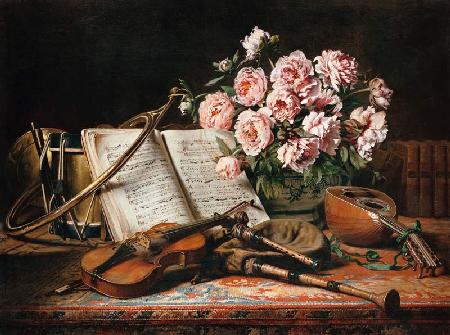 Music still life with peonies