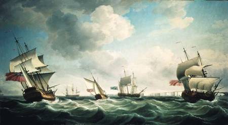 East Indiamen and a smack-rigged Royal Yacht in a breeze off the Downs from Charles Brooking