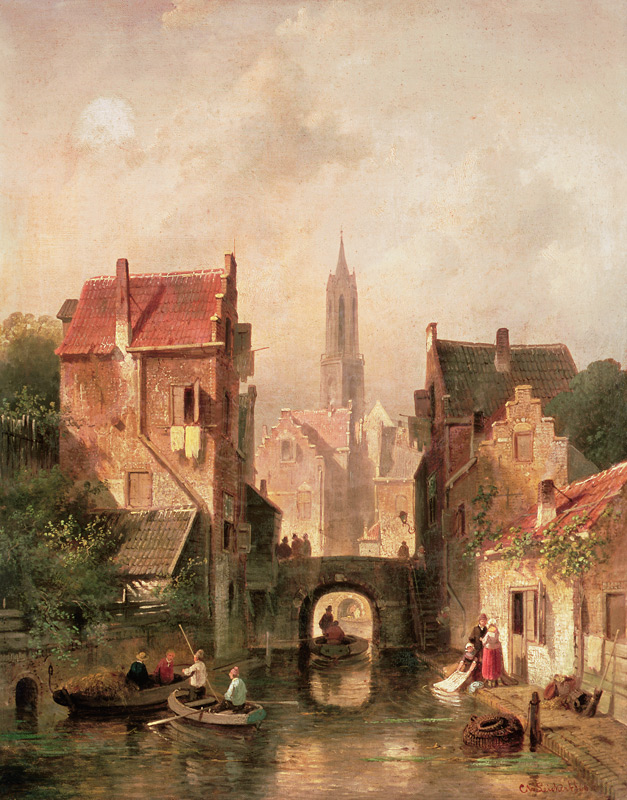 A Dutch canal scene from Charles Henri Joseph Leickert