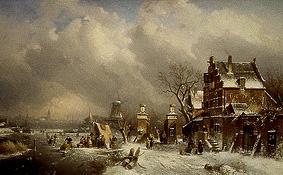 Wintry riverside with ice-skaters with pub and mill from Charles Henri Joseph Leickert