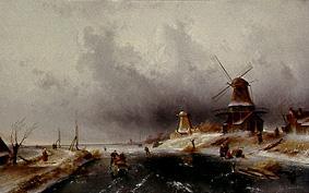 Wintry riverside with ice-skaters and windmills from Charles Henri Joseph Leickert