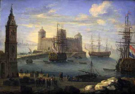 A Mediterranean port with men o' war from Charles Laurent Grevenbroeck