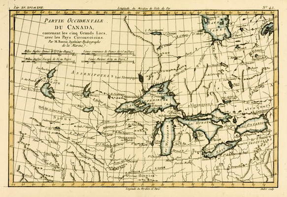 Western Canada, including the Five Great Lakes, from 'Atlas de Toutes les Parties Connues du Globe T from Charles Marie Rigobert Bonne