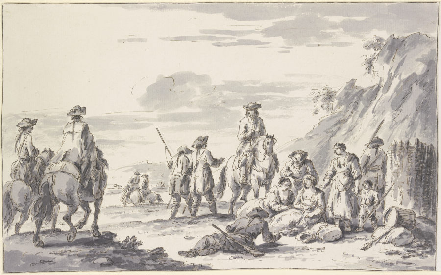 Soldaten zu Pferde und zu Fuß bei einem Schanzkorbe mit Frauen und Kindern from Charles Parrocel