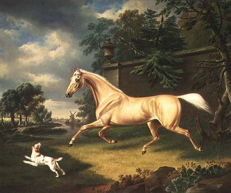 A Palomino frightened by an oncoming storm with a Spaniel from Charles Towne