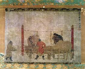 Hanging, depicting grooms feeding horses, ink and watercolour on silk, attributed to Jen Jen-Far