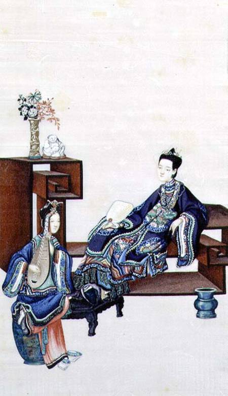 Lady Reclining with a Servant Playing a Musical Instrument from Chinese School