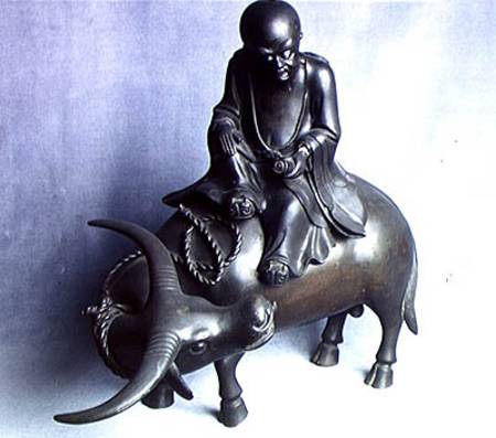 Lao-Tzu (c.604-531) on his buffalo, holding a scroll from Chinese School