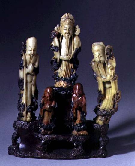 Three Star God, one holding a child, with two smaller figures, Qing dynasty from Chinese School