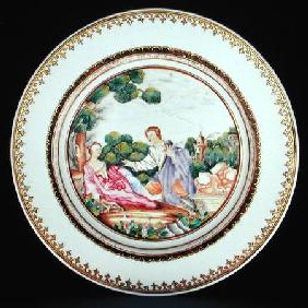 Dinner plate painted in famille rose enamels illustrating a scene from a fable by La Fontaine, after
