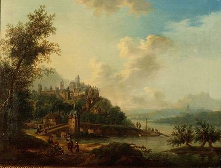 A Rhineland View with a Bridge and Figures in the foreground and a Fortified Town on a Hill beyond from Christian Georg II Schutz or Schuz
