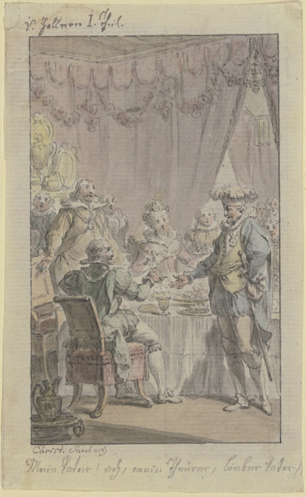 Tafelszene: Ein Ritter tritt an den gedeckten Tisch heran und begrüßt einen sitzenden Ritter from Christian Sambach