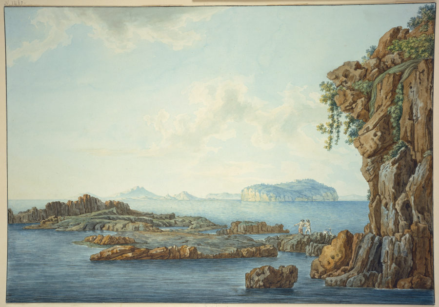 Sizilien, Felsufer am Meer, im Vordergrund drei Fischer, im Hintergrund Inseln from Christoph Heinrich Kniep