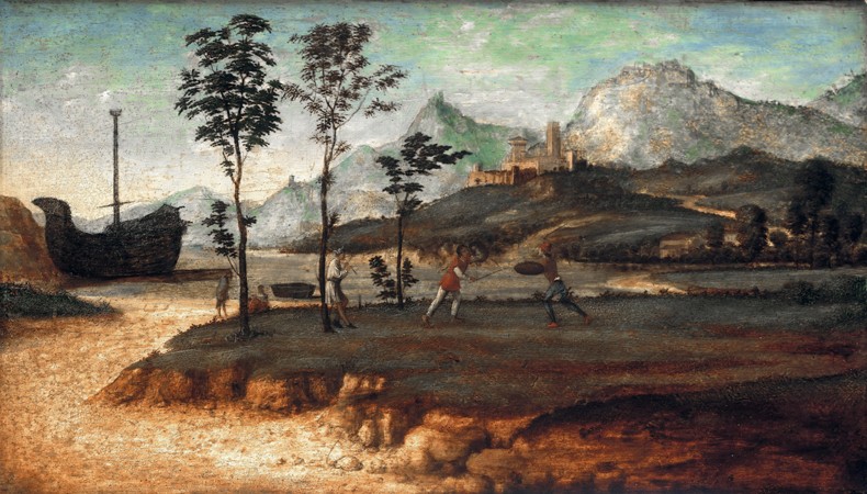 Coastal Landscape with two men fighting from Giovanni Battista Cima da Conegliano