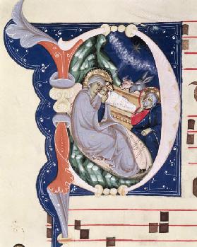 Ms 561 f.31v Historiated initial 'D' depicting the Nativity, from a gradual from the Monastery of Sa