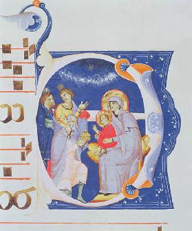 Ms 561 f.37r Historiated initial 'O' depicting the Adoration of the Magi, from a gradual from the Mo