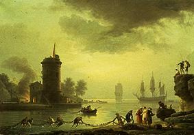 Seaport into evening atmosphere with lighthouse from Claude Joseph Vernet