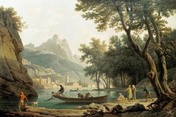 Fisherman at the lakeside in front of a cloister