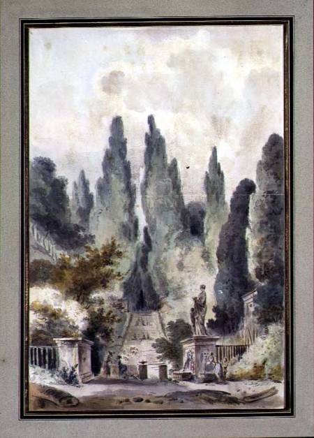 The Gardens of the Villa d'Este at Tivoli (w/c over black chalk on paper) from Claude Louis Chatelet