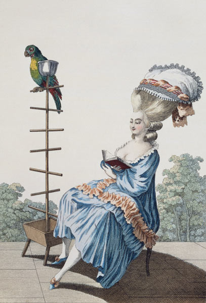 Young woman reading in a day dress with an elaborate hairstyle and bonnet, plate 20 from 'Galerie de from Claude Louis Desrais