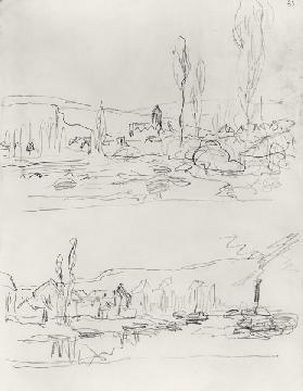Two Sketches: Vetheuil from L'Ile St-Martin and Tugboat on the Seine before Lavacourt