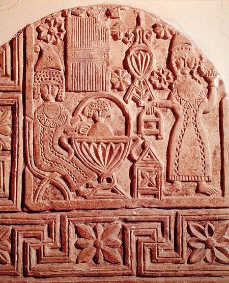Stela depicting the bathing of the infant Jesus from Coptic